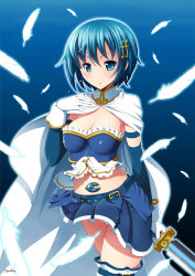 Rule 34 | 10s, 1girl, :o, belt, blue background, blue eyes, blue hair, blush, breasts, buckle, cape, cleavage, feathers, fortissimo, frills, gloves, hair ornament, highres, magical girl, mahou shoujo madoka magica, mahou shoujo madoka magica (anime), matching hair/eyes, miki sayaka, musical note, musical note hair ornament, number10 (hagakure), panties, pantyshot, short hair, simple background, skirt, solo, soul gem, striped clothes, striped panties, sweat, sword, tears, thighhighs, underwear, upskirt, weapon