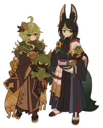 Rule 34 | 1boy, 1girl, absurdres, adapted costume, ahoge, animal ears, black gloves, black hair, capelet, closed mouth, collei (genshin impact), earrings, flower, fox boy, fox ears, fox tail, full body, genshin impact, gloves, green capelet, green eyes, green hair, hair ornament, highres, holding, iwashi (iwashi008), jewelry, long sleeves, medal, multicolored hair, purple eyes, sash, simple background, single earring, tail, tassel, tighnari (genshin impact), white background, wide sleeves, yellow flower