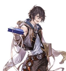 Rule 34 | 1boy, ayer, bandages, bandage on face, belt, black hair, cowboy shot, granblue fantasy, grey pants, hood, incoming gift, looking away, male focus, minaba hideo, official art, open mouth, pants, shirt, sleeveless, solo, sweatdrop, transparent background, upper body, vest, white day, white shirt