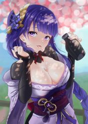 Rule 34 | 1girl, absurdres, blunt bangs, blurry, blurry background, bottle, breasts, bridal gauntlets, chernyyvo, cherry blossoms, cleavage, commentary, english commentary, genshin impact, grass, hair ornament, highres, holding, holding bottle, japanese clothes, kimono, large breasts, long braid, looking to the side, mole, mole under eye, obi, outdoors, purple eyes, purple hair, purple kimono, raiden shogun, sake bottle, sash, solo, suggestive fluid, tongue, tongue out, upper body, vision (genshin impact), wet