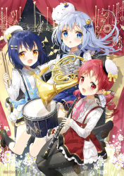 Rule 34 | 3girls, :d, animal, animal on head, bass clef, beamed quavers, black socks, blue bow, blue eyes, blue hair, bow, bowtie, chestnut mouth, fuumi (radial engine), gochuumon wa usagi desu ka?, hair bow, hat, highres, holding, holding instrument, instrument, jouga maya, kafuu chino, kneehighs, loafers, long hair, looking at viewer, multiple girls, musical note, natsu megumi, neck ribbon, on head, open mouth, outstretched arm, pantyhose, pink ribbon, quaver, rabbit, rabbit on head, red eyes, red hair, ribbon, shoes, skirt, smile, socks, striped, striped bow, suspender skirt, suspenders, thighhighs, tippy (gochiusa), treble clef, twintails, yellow bow, yellow eyes, zettai ryouiki