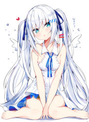 Rule 34 | 1girl, angel, angel wings, bare legs, bare shoulders, barefoot, between legs, blue eyes, blue ribbon, blush, breasts, collared dress, commentary request, dress, full body, hair ornament, hair ribbon, hairclip, hand between legs, head tilt, heart, highres, kamioka shun&#039;ya, long hair, looking at viewer, medium breasts, mini wings, open mouth, original, ribbon, simple background, sitting, solo, translation request, twintails, very long hair, white background, white dress, white hair, wing collar, wings