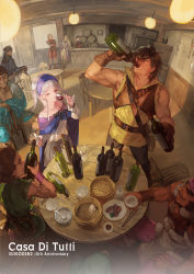 Rule 34 | 4girls, 5boys, alcohol, anita (suikoden), anniversary, armor, armored dress, bag, bamboo steamer, bar (place), barrel, beard, belt, black hair, blunt bangs, boots, bottle, bowl, breastplate, brown hair, cape, chair, chopsticks, copyright name, crate, cup, dress, drinking, drinking glass, dumpling, everyone, facial hair, fantasy, fisheye, flik (suikoden), food, from above, fur trim, gensou suikoden, gensou suikoden ii, gijimu, gloves, greaves, green shirt, grin, hairband, headband, height difference, holding, holding bottle, holding cup, indoors, japanese clothes, kimono, koyu (suikoden), leather, leather gloves, leona (suikoden), light, long sleeves, meat, multiple boys, multiple girls, muscular, one eye closed, open mouth, pants, pauldrons, plate, rikimaru (suikoden), rug, shirt, short hair, shoulder armor, shoulder bag, sierra mikain, silver hair, sitting, sitting backwards, sleeveless, sleeveless shirt, smile, spoon, standing, sunlight, sweatdrop, table, tokkuri, valeria (suikoden), viktor (suikoden), white dress, wide sleeves, wine, wine bottle, wine glass, wink, wooden table, wristband, yellow shirt, zhuzi