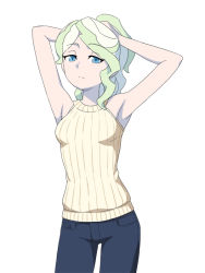 Rule 34 | 1girl, armpits, bare shoulders, blonde hair, blue eyes, blue pants, breasts, closed mouth, denim, diana cavendish, jeans, little witch academia, long hair, looking at viewer, pants, satochi, simple background, small breasts, solo, standing, sweater, white background
