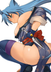 Rule 34 | 1girl, alice soft, ass, bad id, bad pixiv id, bare shoulders, blue hair, breasts, gloves, japanese clothes, kojou, large breasts, long hair, looking back, ninja, no panties, rance (series), sengoku rance, sideboob, smile, solo, squatting, suzume (rance), thighhighs, yellow eyes