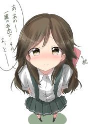 Rule 34 | 10s, 1girl, arashio (kancolle), arm warmers, arms behind back, brown hair, dress shirt, highres, kantai collection, long hair, pentagon (railgun ky1206), pillow, pleated skirt, school uniform, shirt, simple background, skirt, solo, suspenders, translation request, yellow eyes