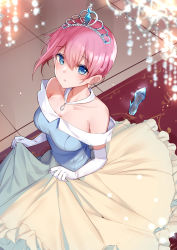 Rule 34 | 1girl, :o, bare shoulders, bison cangshu, blue eyes, blue shirt, blurry, blurry foreground, breasts, brown skirt, cinderella, collarbone, commentary request, depth of field, elbow gloves, frilled skirt, frills, glass slipper, gloves, go-toubun no hanayome, hair between eyes, highres, indoors, looking at viewer, medium breasts, nakano ichika, off-shoulder shirt, off shoulder, parted lips, pink hair, shirt, short hair, short sleeves, skirt, skirt hold, solo, tiara, white gloves