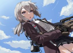 Rule 34 | 1girl, backpack, bag, black gloves, black necktie, black panties, black skirt, bolt action, chestnut mouth, cheytac m200, cloud, cloudy sky, collared shirt, commentary request, dutch angle, from below, girls&#039; frontline, gloves, grey hair, gun, hair between eyes, headset, headset removed, holding, holding gun, holding weapon, jacket, long hair, looking at viewer, m200 (girls&#039; frontline), necktie, open clothes, open jacket, open mouth, panties, pantyshot, pleated skirt, ponytail, purple eyes, rifle, scope, shirt, skirt, sky, sniper rifle, solo, trigger discipline, underwear, upskirt, weapon, white shirt, yanagui