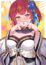 Rule 34 | 1girl, absurdres, alternate hairstyle, anchor choker, argyle, argyle background, argyle clothes, arrow through heart, blush, breasts, choker, cleavage, commentary request, flower, fur-trimmed kimono, fur trim, hair flower, hair ornament, hands up, hat, heart, heart-shaped pupils, heart background, heart hands, heterochromia, highres, hololive, houshou marine, houshou marine (new year), japanese clothes, kimono, large breasts, long sleeves, looking at viewer, nose blush, obijime, off shoulder, official alternate costume, one side up, open mouth, red choker, red eyes, red hair, sidelocks, solo, symbol-shaped pupils, tassel, tonarikeru, upper body, virtual youtuber, white kimono, wide sleeves, yellow background