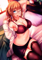 Rule 34 | 1girl, absurdres, adjusting hair, alarm clock, arm behind head, arms up, bed, bed sheet, bedroom, black bra, black skirt, black thighhighs, blonde hair, blue eyes, blush, bra, breasts, cleavage, clock, curtains, female focus, from above, glasses, hair tie, highres, indoors, large breasts, legs together, light particles, long hair, long sleeves, looking at viewer, miniskirt, mokyu (kukoudesu), nail polish, navel, off shoulder, on bed, one eye closed, open clothes, open mouth, open shirt, orange hair, pencil skirt, pillow, pink nails, plant, ponytail, potted plant, red-framed eyewear, red bra, semi-rimless eyewear, shirt, sidelocks, sitting, skirt, solo, strap gap, sunlight, thick thighs, thigh gap, thighhighs, thighs, tying hair, under-rim eyewear, underwear, white shirt, wince, window, yawning