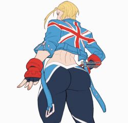 Rule 34 | 1girl, alternate hairstyle, ass, blonde hair, blue eyes, blue jacket, cammy white, cropped jacket, fingerless gloves, flag print, gloves, highres, jacket, kevin raganit, leather, leather jacket, looking at viewer, muscular, muscular female, narrow waist, pants, short hair, single vambrace, solo, street fighter, street fighter 6, thick thighs, thighs, tight clothes, tight pants, twitter logo, twitter username, vambraces, white background
