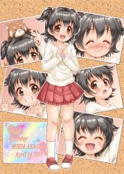 Rule 34 | 1girl, :d, ^ ^, akagi miria, animal, animal on head, beamed eighth notes, black hair, blush, brown eyes, character name, closed eyes, closed mouth, commentary request, dated, eighth note, frilled skirt, frills, grin, hair between eyes, happy birthday, highres, idolmaster, idolmaster cinderella girls, long sleeves, multiple views, musical note, nose blush, on head, open mouth, photo (object), pleated skirt, quarter note, raccoon, red footwear, red skirt, regular mow, shirt, shoes, skirt, smile, socks, two side up, white legwear, white shirt