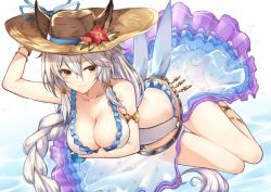 Rule 34 | 10s, 1girl, bracelet, braid, breasts, brown eyes, cleavage, closed mouth, covered navel, ears through headwear, erune, frilled swimsuit, frills, granblue fantasy, hair between eyes, hair tubes, hat, heles, heles (summer) (granblue fantasy), hip focus, holding, holding clothes, holding hat, jewelry, large breasts, long hair, looking at viewer, nakatama kyou, one-piece swimsuit, sandals, see-through, silver hair, single braid, smile, solo, sun hat, swimsuit, thighs, white one-piece swimsuit