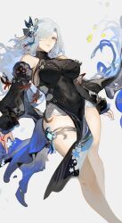 Rule 34 | 1girl, absurdres, bare shoulders, black dress, black sleeves, blue eyes, blue nails, breasts, commentary request, covered navel, detached sleeves, dichlorvos, dress, feet out of frame, genshin impact, hair over one eye, highres, long hair, looking at viewer, official alternate costume, parted lips, pelvic curtain, shenhe (frostflower dew) (genshin impact), shenhe (genshin impact), simple background, sleeveless, sleeveless dress, solo, thighlet, white background, white hair, wide hips