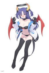 Rule 34 | 1girl, black bra, black gloves, black panties, black tail, black thighhighs, blue archive, blush, bra, breasts, cleavage, collarbone, demon horns, demon wings, gloves, halo, highres, horns, jacket, large breasts, long hair, mechanical halo, multicolored clothes, multicolored jacket, open mouth, panties, purple eyes, purple hair, red wings, signature, simple background, solo, thighhighs, tomid, two-tone jacket, two side up, underwear, white background, white jacket, wings, yellow horns, yuuka (blue archive)