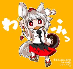 Rule 34 | 1girl, animal ears, byourou, chibi, dated, detached sleeves, fang, fighting stance, geta, hat, inubashiri momiji, open mouth, red eyes, shield, short hair, silver hair, simple background, skirt, solo, sword, tail, tengu-geta, tokin hat, touhou, weapon, wolf ears, wolf tail, yellow background