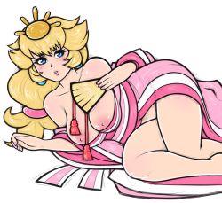 Rule 34 | 1girl, alternate costume, blonde hair, blush, breasts, breasts out, hand fan, hair ornament, headwear request, japanese clothes, kimono, lying, mario (series), nintendo, nipples, off shoulder, on side, princess peach, solo, super mario bros. 1, tabletorgy