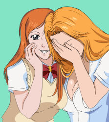 Rule 34 | 2girls, bleach, breasts, cleavage, facepalm, green background, hand on face, hand on own face, hand over face, inoue orihime, large breasts, laughing girls (meme), long hair, matsumoto rangiku, meme, multiple girls, orange hair, school uniform, tagme