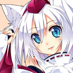 Rule 34 | 1girl, animal ears, blue eyes, blush, close-up, detached sleeves, dress, fang, female focus, finger to face, hand on own face, hat, inubashiri momiji, shirokitsune, silver hair, sleeves past wrists, smile, solo, touhou, white dress, wolf ears