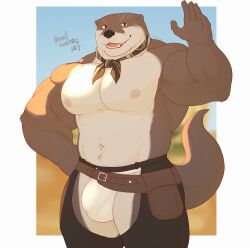 1boy animal_ears arm_up bara brown_eyes brown_neckerchief bulge chaps commentary echo_project english_commentary english_text fangs furry furry_male hand_on_own_hip highres holster looking_at_viewer male_focus male_underwear muscular muscular_male navel neckerchief nipples open_mouth otter_boy otter_ears otter_tail pectorals sand tail the0tterr the_smoke_room todd_bronson_(the_smoke_room) topless_male underwear whiskers white_male_underwear