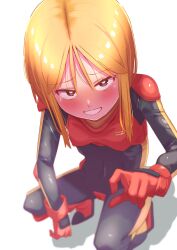 Rule 34 | 1girl, absurdres, blue eyes, blush, bodysuit, breasts, covered navel, from above, gloves, grin, gundam, gundam zz, hand up, highres, holding hands, kneeling, leaning forward, long hair, looking at viewer, looking up, onimaru (onimal7802), orange hair, pilot suit, puru two, short hair, simple background, skinny, small breasts, smile, solo, squatting, white background