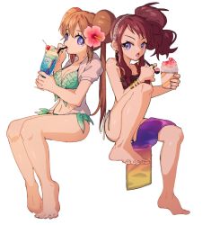 Rule 34 | 2girls, alternate costume, alternate hairstyle, ankea (a-ramo-do), bare shoulders, barefoot, bikini, black bikini, bracelet, breasts, brown hair, cherry, cleavage, collarbone, creatures (company), cup, double bun, drink, drinking, drinking glass, drinking straw, earrings, eating, feet, female focus, flower, food, front-tie bikini top, front-tie top, fruit, full body, game freak, green bikini, hair bun, hair flower, hair ornament, hairband, hands up, hibiscus, highres, hilda (pokemon), holding, invisible chair, jewelry, knee up, legs together, long hair, looking at another, looking to the side, medium breasts, multiple girls, navel, nintendo, open clothes, open mouth, open shirt, pink flower, pokemon, pokemon bw, pokemon bw2, ring, rosa (pokemon), shaved ice, shirt, short sleeves, side-tie bikini bottom, side ponytail, simple background, sitting, spoon, swimsuit, toes, towel, twintails, white background, white hairband, white shirt