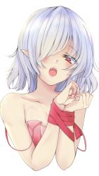 Rule 34 | 1girl, bare shoulders, camisole, colored eyelashes, cropped torso, fangs, fingernails, hair over one eye, highres, light purple hair, linkun, long fingernails, looking at viewer, medium hair, nail polish, open mouth, pink camisole, pointy ears, red eyes, red nails, red ribbon, remilia scarlet, ribbon, simple background, solo, strap slip, touhou, upper body, valentine, white background