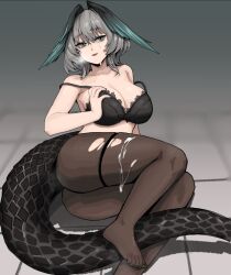 Rule 34 | 1girl, arknights, ass, bare shoulders, black bra, black pantyhose, bra, breasts, cleavage, cum, cum on body, feet, foot out of frame, full body, gradient background, green eyes, grey background, grey hair, hair between eyes, head wings, hesanily, ho&#039;olheyak (arknights), large breasts, legs, looking at viewer, lying, nail polish, no shoes, on floor, on side, pantyhose, parted lips, short hair, smile, solo, steam, tail, thighs, toenail polish, toenails, toes, torn clothes, torn pantyhose, underwear, wings