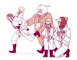 Rule 34 | 5boys, aged down, bear, bepo, blonde hair, brothers, brown hair, donquixote doflamingo, donquixote rocinante, gloves, long sleeves, lowres, medium hair, multiple boys, on one knee, one piece, open mouth, overalls, penguin (one piece), prepbon, running, shachi (one piece), sharp teeth, shirt, short hair, short sleeves, siblings, smile, sunglasses, teeth, white overalls, white shirt