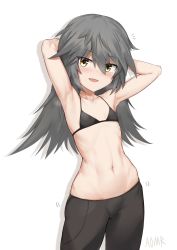 Rule 34 | 1girl, alice gear aegis, aomoro, armpits, arms up, black shorts, duplicate, flat chest, grey hair, hair between eyes, highres, long hair, lowleg, lowleg shorts, micro bra, navel, open mouth, shinonome chie, shorts, simple background, skindentation, solo, yellow eyes