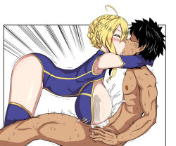 Rule 34 | 1boy, 1girl, ahoge, artoria pendragon (fate), artoria pendragon (lancer) (fate), ass, bare shoulders, bent over, blonde hair, blue gloves, blue leotard, blue thighhighs, blush, braid, breasts, closed eyes, clothed female nude male, cowboy shot, cum, ejaculation, elbow gloves, faceless, faceless male, fate/grand order, fate (series), gloves, handsfree paizuri, hanging breasts, hetero, hug, huge breasts, isemagu, kiss, leotard, male nipples, nude, paizuri, penis, perpendicular paizuri, simple background, sweat, thighhighs, thighs, trembling, white background, x-ray