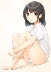 Rule 34 | 1girl, ass, bare legs, barefoot, bashosho, beige background, blush, brown eyes, brown hair, closed mouth, commentary request, fingernails, highres, hugging own legs, long hair, looking at viewer, original, panties, shirt, short sleeves, simple background, sitting, smile, solo, thighs, toenails, underwear, white panties, white shirt
