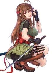Rule 34 | 1girl, antenna hair, ass, belt, bike shorts, black gloves, boots, breasts, brown eyes, brown footwear, brown hair, commentary request, cross-laced footwear, from side, full body, gloves, hairband, highres, holding, holding weapon, holster, japanese clothes, knee boots, knife belt, kunai, large breasts, long hair, looking at viewer, ninja, obi, open mouth, original, pantylines, reverse grip, sash, shiny clothes, shiny skin, short sleeves, shorts, simple background, sleeveless, smile, solo, sword, thigh holster, toriatto gununu, weapon, white background