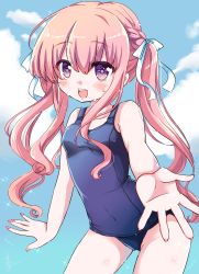 Rule 34 | 1girl, absurdres, bad id, bad pixiv id, blush, girlfriend (kari), highres, kagami matsuri, long hair, one-piece swimsuit, open mouth, outstretched hand, pink eyes, pink hair, ribbon, school swimsuit, smile, solo, swimsuit, twintails, wet