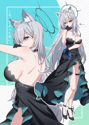 1girl ahoge animal_ear_fluff animal_ears back bare_back bare_shoulders black_choker black_dress black_footwear black_gloves black_halo blue_archive blue_eyes breasts bright_pupils choker cleavage commentary_request cross_hair_ornament dress full_body gloves grey_hair hair_ornament halo highres holding large_breasts long_hair looking_at_viewer mismatched_pupils nolmo shiroko_(blue_archive) shiroko_terror_(blue_archive) shoes sideboob sweat thigh_strap translation_request twitter_username white_pupils
