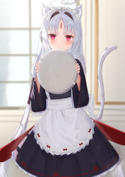 Rule 34 | 1girl, ahoge, alternate costume, animal ear fluff, animal ears, apron, black dress, blurry, blurry background, blush, cat ears, cat girl, cat tail, character request, closed mouth, commentary request, depth of field, dress, enmaided, facial mark, forehead mark, frilled apron, frills, grey hair, hands up, highres, holding, holding tray, indoors, long sleeves, looking at viewer, maid, maid headdress, parted bangs, red eyes, solo, tail, tail raised, tanshio, tray, under night in-birth, vatista, white apron, wide sleeves, window