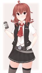 Rule 34 | 10s, 1girl, ahoge, arashi (kancolle), belt, blouse, commentary request, depth charge, gloves, grey thighhighs, hand on own hip, highres, holding, kantai collection, kerchief, long hair, looking at viewer, messy hair, pleated skirt, red hair, school uniform, searchlight, shirt, short hair, simple background, skirt, solo, thighhighs, vest, white gloves, yukichi (sukiyaki39)