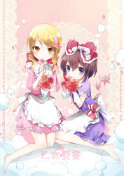 Rule 34 | 2girls, bad id, bad pixiv id, blonde hair, bouquet, bow, brown hair, butterfly hair ornament, flower, hair bow, hair ornament, hair ribbon, holding, long hair, looking at viewer, multiple girls, original, purple eyes, rano8, ribbon, rose, short hair, sitting, smile, translation request, yellow eyes
