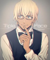 Rule 34 | 1boy, amuro tooru, bespectacled, black-framed eyewear, black bow, black vest, blonde hair, blue eyes, bow, bowtie, collared shirt, commentary request, dark-skinned male, dark skin, english text, finger to mouth, glasses, gradient background, hair between eyes, looking to the side, male focus, mashima shima, meitantei conan, shirt, simple background, smile, solo, twitter username, upper body, vest, white shirt
