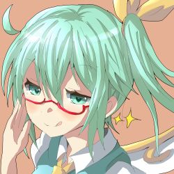 Rule 34 | 1girl, :q, bespectacled, daiyousei, fairy wings, female focus, glasses, green eyes, green hair, hair ribbon, kuromu (underporno), matching hair/eyes, red-framed eyewear, ribbon, side ponytail, solo, symbol-shaped pupils, tongue, tongue out, touhou, wings