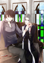 Rule 34 | 2boys, b prince, belt, blue eyes, brown eyes, brown hair, clothes, cross, glasses, grey hair, highres, holding hands, indoors, jewelry, male focus, multiple boys, pants, priest, ribbon, sad, stained glass, window, yaoi