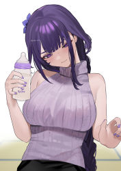 Rule 34 | 1girl, baby bottle, bare shoulders, bebe (bebe pp), blush, bottle, braid, breasts, closed mouth, commentary request, eyeliner, genshin impact, halterneck, highres, holding, holding bottle, large breasts, long hair, low-braided long hair, low-tied long hair, makeup, mole, mole under eye, nail polish, purple eyes, purple hair, purple nails, raiden shogun, shirt, simple background, sitting, sleeveless, sleeveless shirt, solo, white background