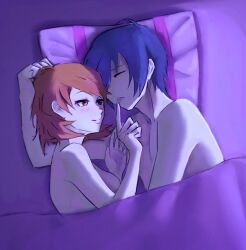 Rule 34 | 1boy, 1girl, bed, bed sheet, blue hair, blush, breasts, brown eyes, brown hair, closed eyes, closed mouth, commentary, completely nude, highres, medium breasts, n7grey, naked sheet, nude, on bed, persona, persona 3, pillow, short hair, smile, takeba yukari, under covers, yuuki makoto (persona 3)