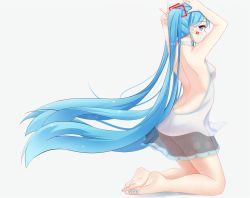 Rule 34 | 1girl, arms up, ass, barefoot, blue eyes, blue hair, breasts, devil fish, feet, floating hair, from side, full body, hatsune miku, kneeling, long hair, meme attire, nail polish, nipples, no bra, no panties, see-through, small breasts, soles, solo, toenail polish, toenails, twintails, very long hair, virgin killer sweater, vocaloid