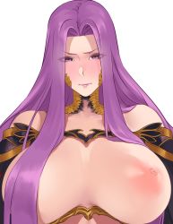 Rule 34 | 1girl, bare shoulders, blush, breasts, breasts apart, closed mouth, eyes visible through hair, fate/grand order, fate (series), forehead, gorgon (fate), hair intakes, hair over breasts, hair over one breast, highres, hikichi sakuya, huge breasts, long hair, looking at viewer, medusa (fate), medusa (rider) (fate), nipples, parted bangs, puffy nipples, purple hair, rider, scales, simple background, solo, square pupils, very long hair, white background