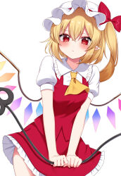 Rule 34 | 1girl, :&lt;, ascot, blonde hair, blush, closed mouth, collared shirt, cowboy shot, crystal, flandre scarlet, frilled shirt collar, frilled skirt, frills, hair between eyes, hat, highres, holding, laevatein (touhou), long hair, mob cap, pointy ears, puffy short sleeves, puffy sleeves, red eyes, red skirt, red vest, shinonome asu, shirt, short sleeves, side ponytail, simple background, skirt, solo, touhou, twitter username, vest, white background, white hat, white shirt, wings, yellow ascot