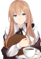 Rule 34 | 1girl, alternate costume, apron, blush, breasts, brown apron, brown hair, brown ribbon, closed mouth, coffee, coffee mug, cup, girls&#039; frontline, green eyes, hair between eyes, hair over shoulder, hair ribbon, hair rings, head tilt, highres, holding, holding tray, large breasts, long hair, long sleeves, looking at viewer, mug, offering drink, ponytail, ribbon, scrunchie, shirokuro (shirokuro-1999), shirt, sidelocks, simple background, smile, solo, springfield (girls&#039; frontline), tray, white background, white shirt