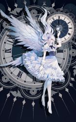 Rule 34 | 1girl, absurdres, arm up, clock, dress, earrings, feathered wings, floating hair, full body, high heels, highres, jewelry, original, profile, shadow, shan gui yu yao, solo, white dress, white footwear, white hair, white wings, wings