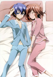 Rule 34 | 10s, 2girls, absurdres, akuma no riddle, azuma tokaku, blue eyes, blue hair, breasts, cleavage, closed eyes, holding hands, highres, ichinose haru, lying, multiple girls, non-web source, nyantype, official art, on back, on side, pajamas, pillow, red hair, short hair, small breasts, yuri