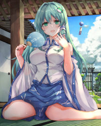 Rule 34 | 1girl, bare shoulders, barefoot, blue skirt, blue sky, cloud, collarbone, detached sleeves, frog hair ornament, full body, green eyes, green hair, hair ornament, hair tubes, hand fan, highres, holding, holding fan, kochiya sanae, long hair, long sleeves, looking at viewer, nontraditional miko, open mouth, outdoors, shirt, shrine, sitting, skirt, sky, snake hair ornament, solo, sweat, torottye, touhou, tree, wariza, white shirt, wide sleeves